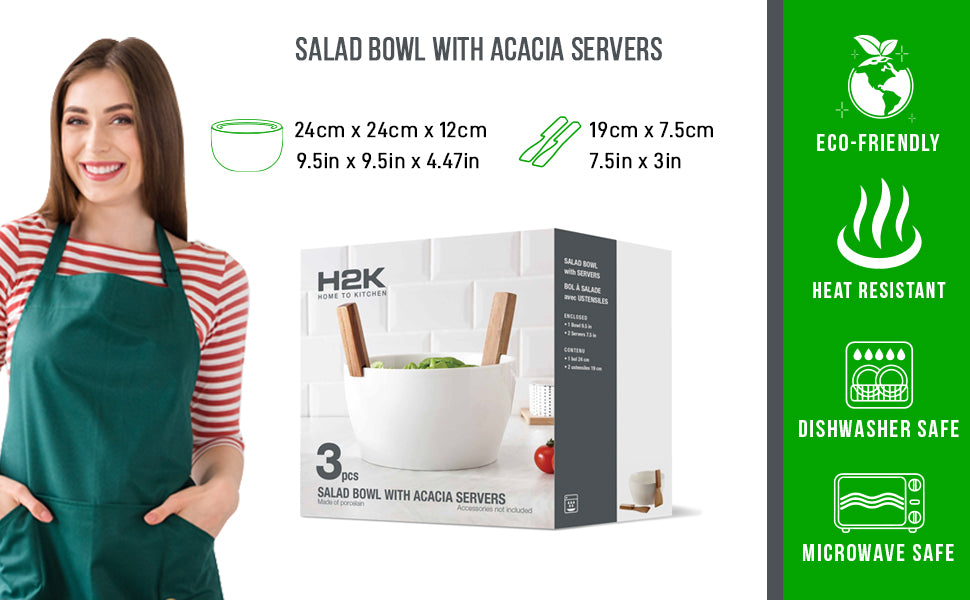 Extra Large Elegant Ceramic Round Salad Bowl Set with Premium Acacia Wood Salad Serving Utensils - Large Capacity, Stylish and Practical, Kitchen Must-Have