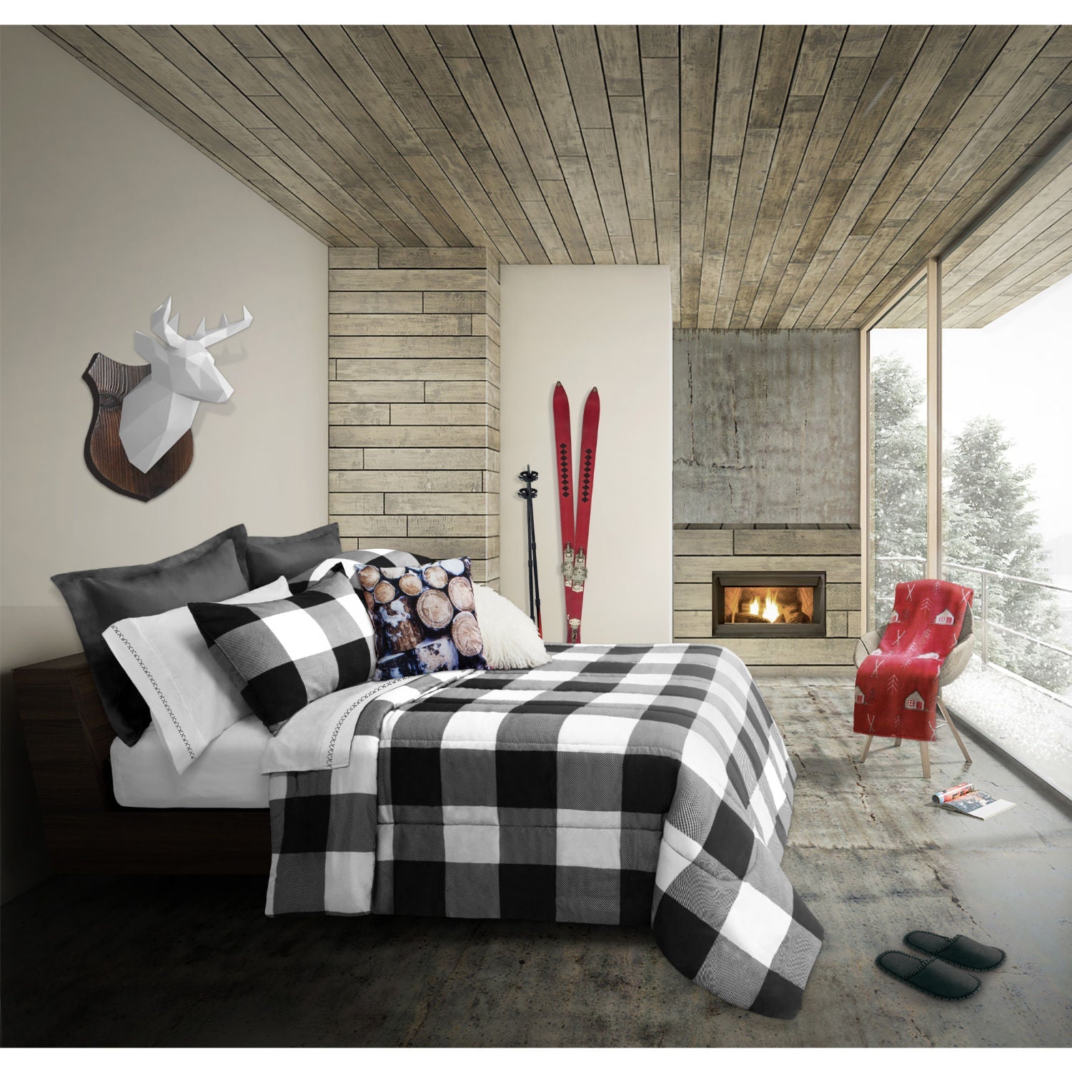 Comforter Bedding Set 2 Piece Buffalo Plaid White/Black, Twin