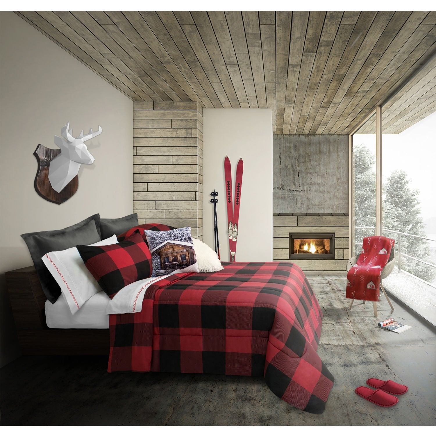 Comforter Bedding Set 3 Piece Buffalo Plaid Red/Black, Double/Queen