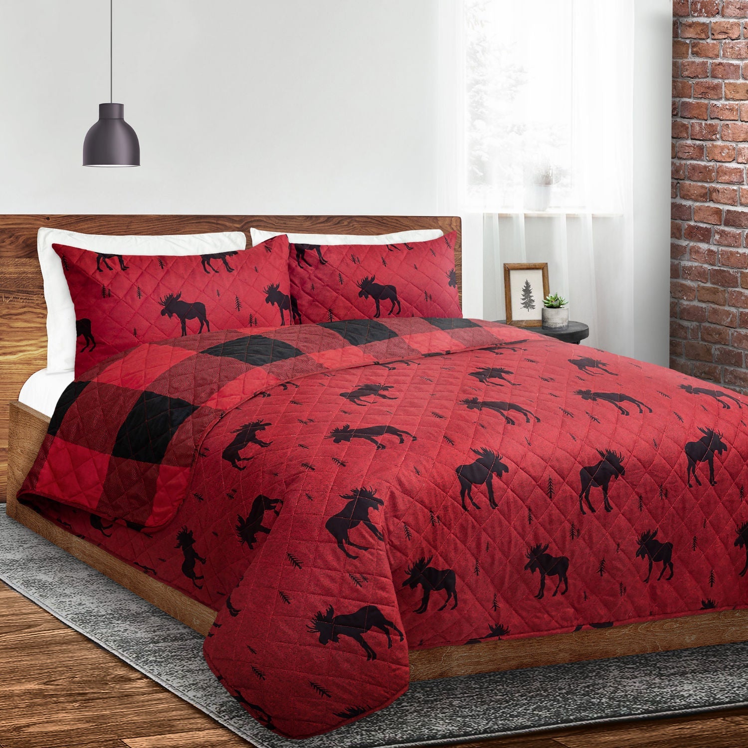 Reversible Printed Quilt Bedding Set 3 Piece Double/Queen 90X90 Red Moose Rustic Cabin
