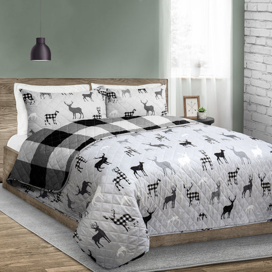 Reversible Printed Quilt Bedding Set 3 Piece Double/Queen 90X90 Grey Deer Rustic Cabin