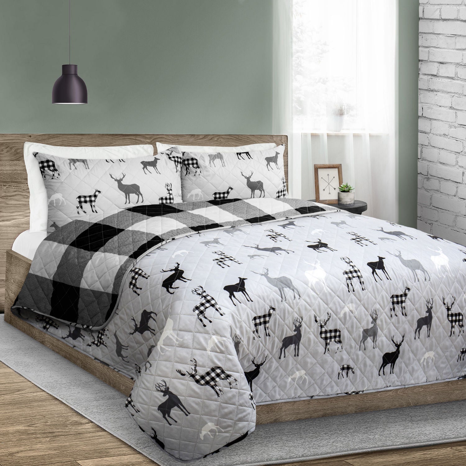 Reversible Printed Quilt Bedding Set 3 Piece King 104X92 Grey Deer Rustic Cabin