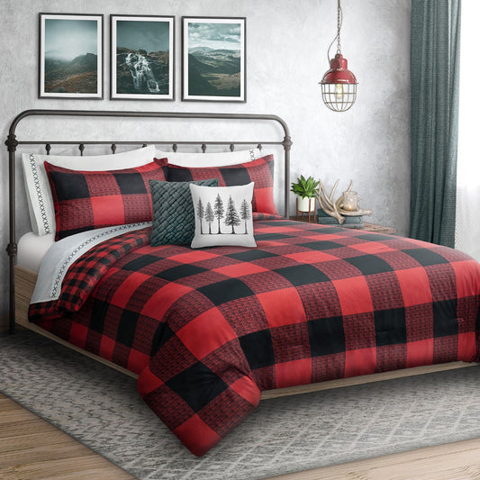 Comforter Bedding Set 3 Piece Woven Microfiber King Red Check