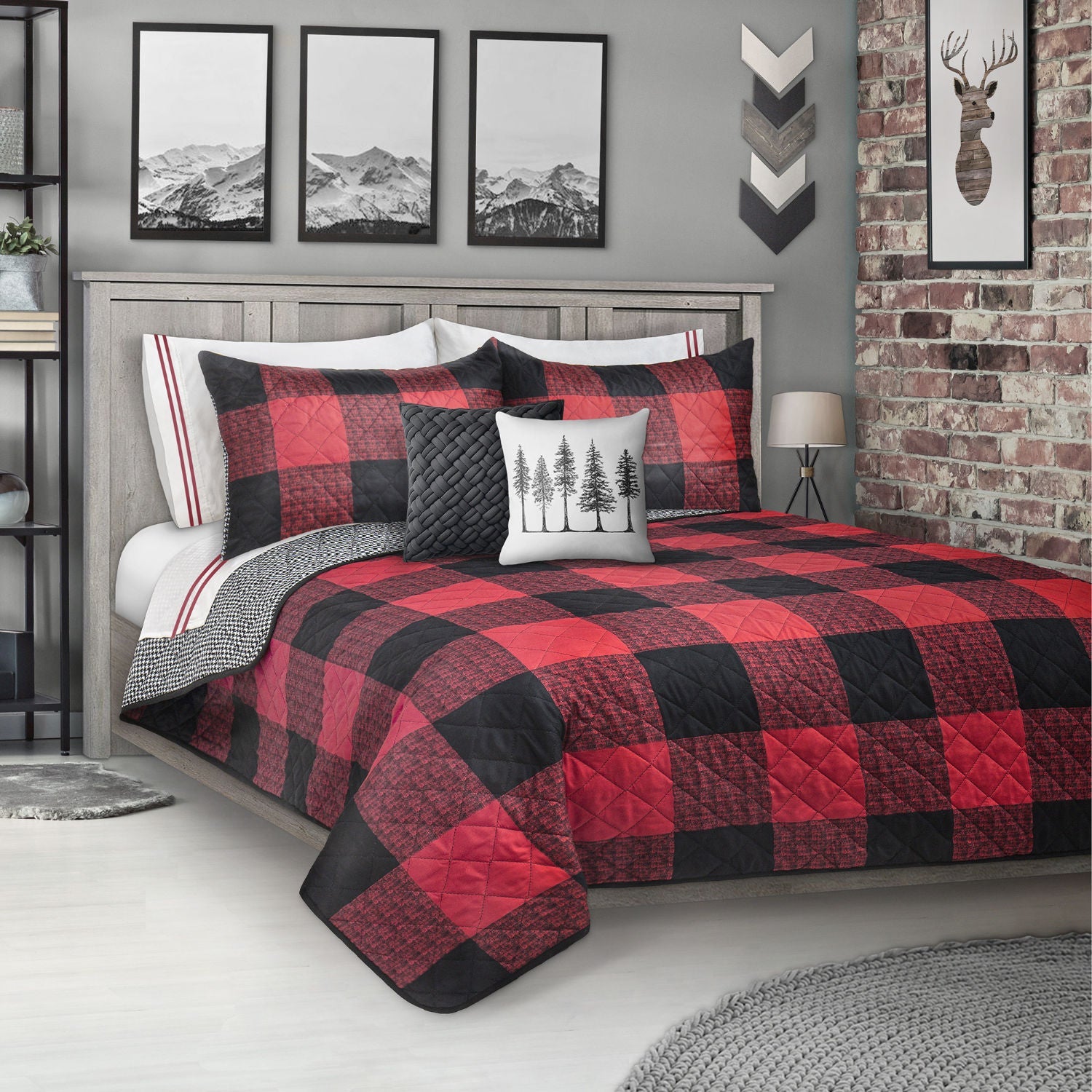 Woven Printed Quilt Bedding Set 3 Piece King -Red Buffalo