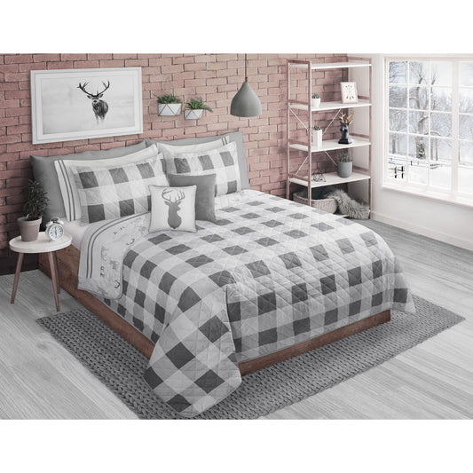 Woven Printed Microfiber 2 Piece Quilt Bedding Set Grey Buffalo Plaid