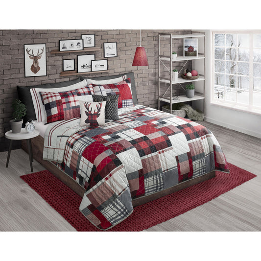 Woven Printed Microfiber 3 Piece Quilt Bedding Set Plaid Patchwork