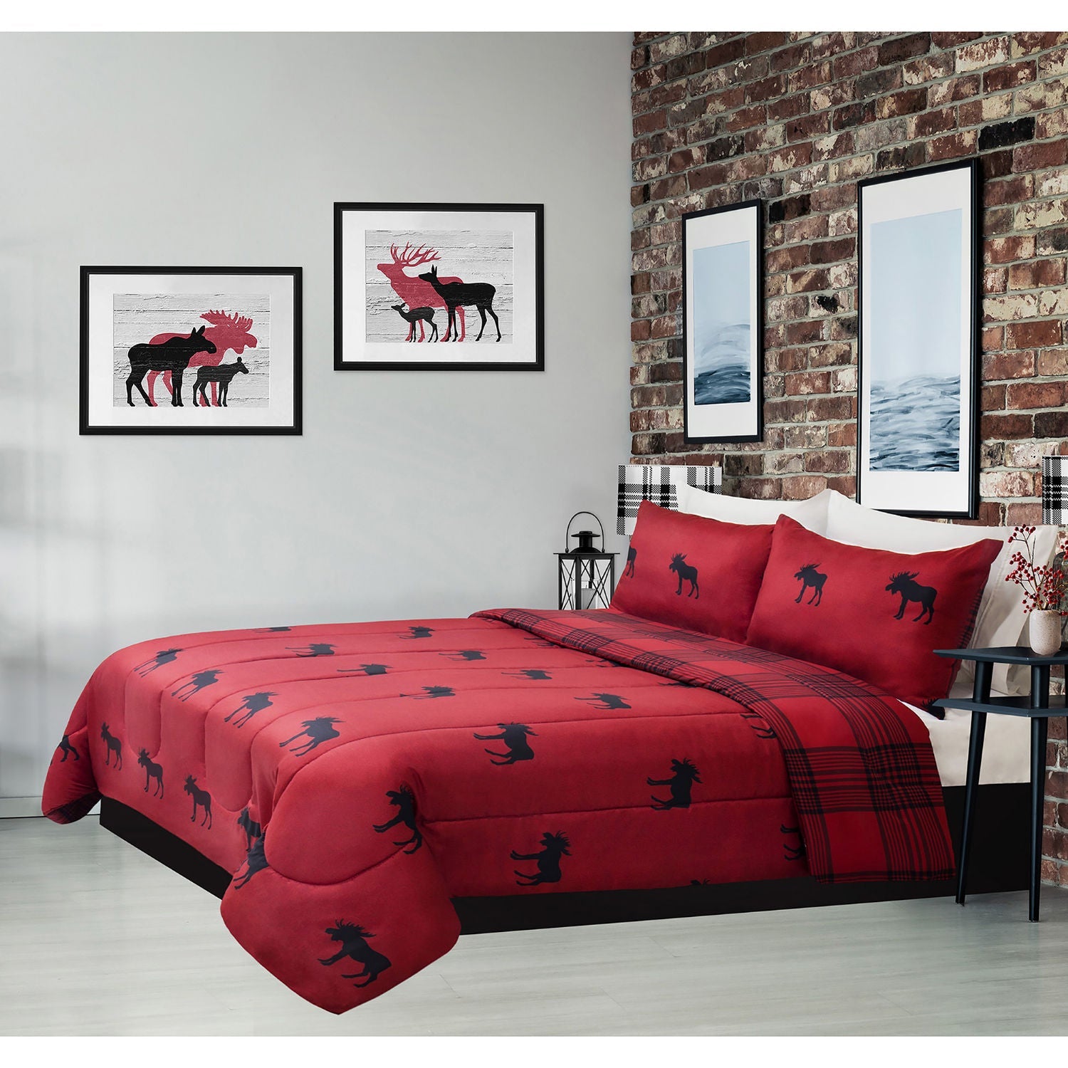 Reversible Printed Comforter Bedding Set 3 Piece Double/Queen Heathered Moose Rustic Cabin
