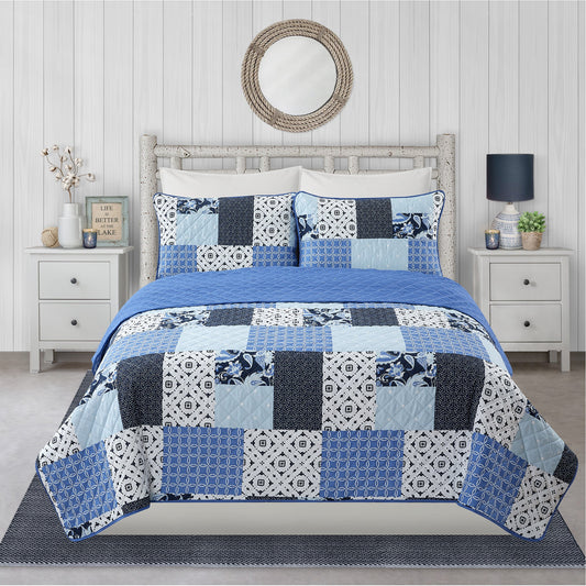 Woven Quilt 3 Piece Double/Queen Blue Patchwork