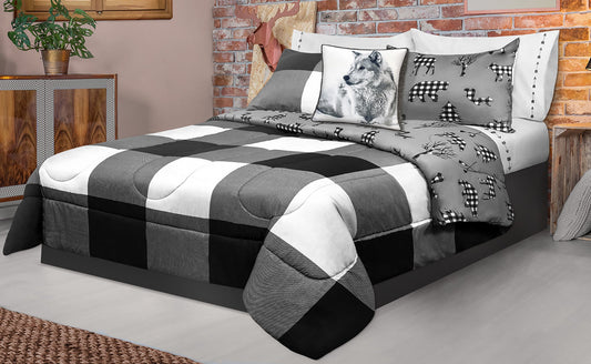 Comforter 2 Piece Set Twin Printed Buffalo Plaid White/Black