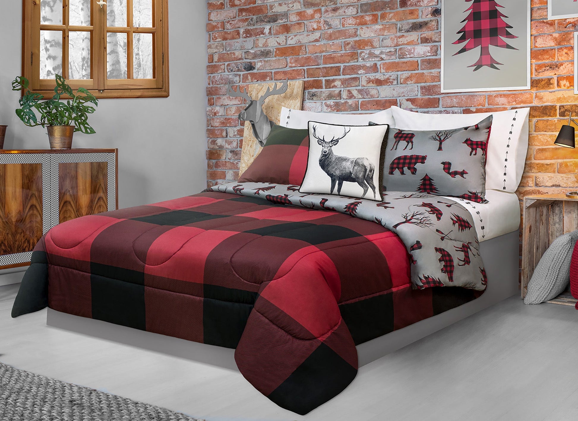 Comforter 2 Piece Set Twin Printed Buffalo Plaid Red/Black