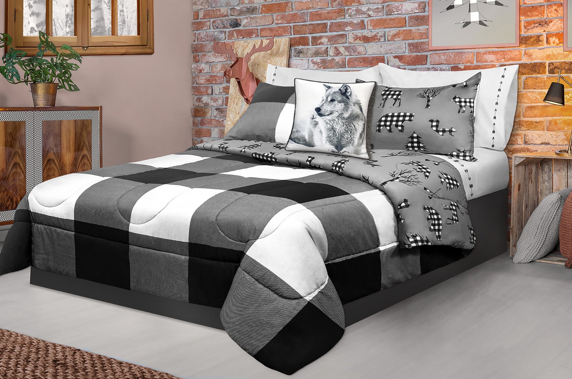 Comforter 3 Piece Set Double/Queen Printed Buffalo Plaid White/Black