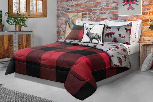 Comforter 3 Piece Set King Printed Buffalo Plaid Red/Black