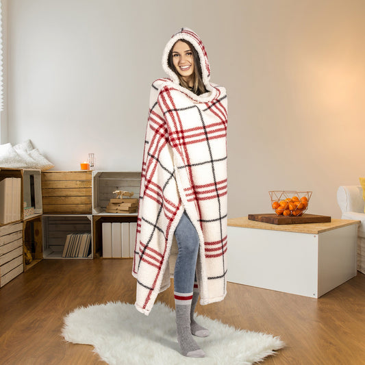 Super Soft Hooded Sherpa Blanket Throw Sherpa Home Decor Bedding 48X65 Red Plaid