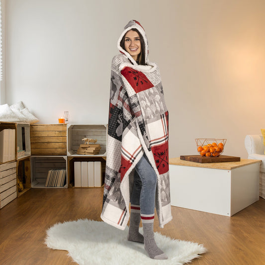 Super Soft Hooded Sherpa Blanket Throw Home Decor Bedding 48X65 Forest Patchwork