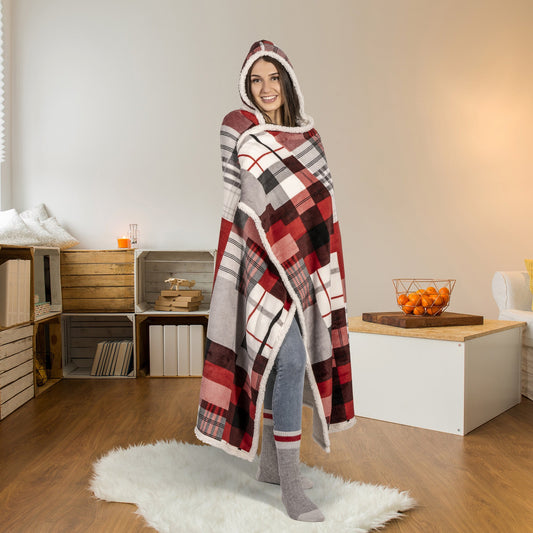 Super Soft Hooded Sherpa Blanket Throw Home Decor Bedding 48X65 Plaid Patchwork