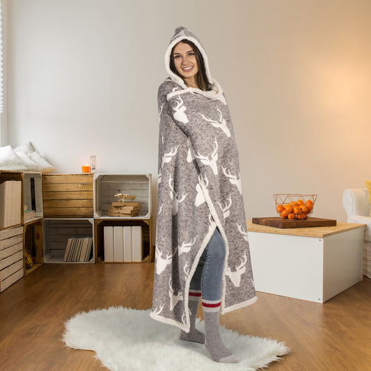 Super Soft Hooded Sherpa Blanket Throw Home Decor Bedding 48X65 Heathered Deer Shield