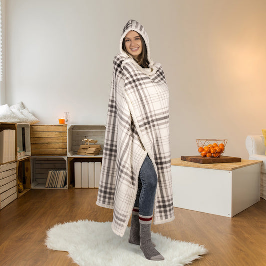 Super Soft Hooded Sherpa Blanket Throw Home Decor Bedding 48X65 Grey Plaid