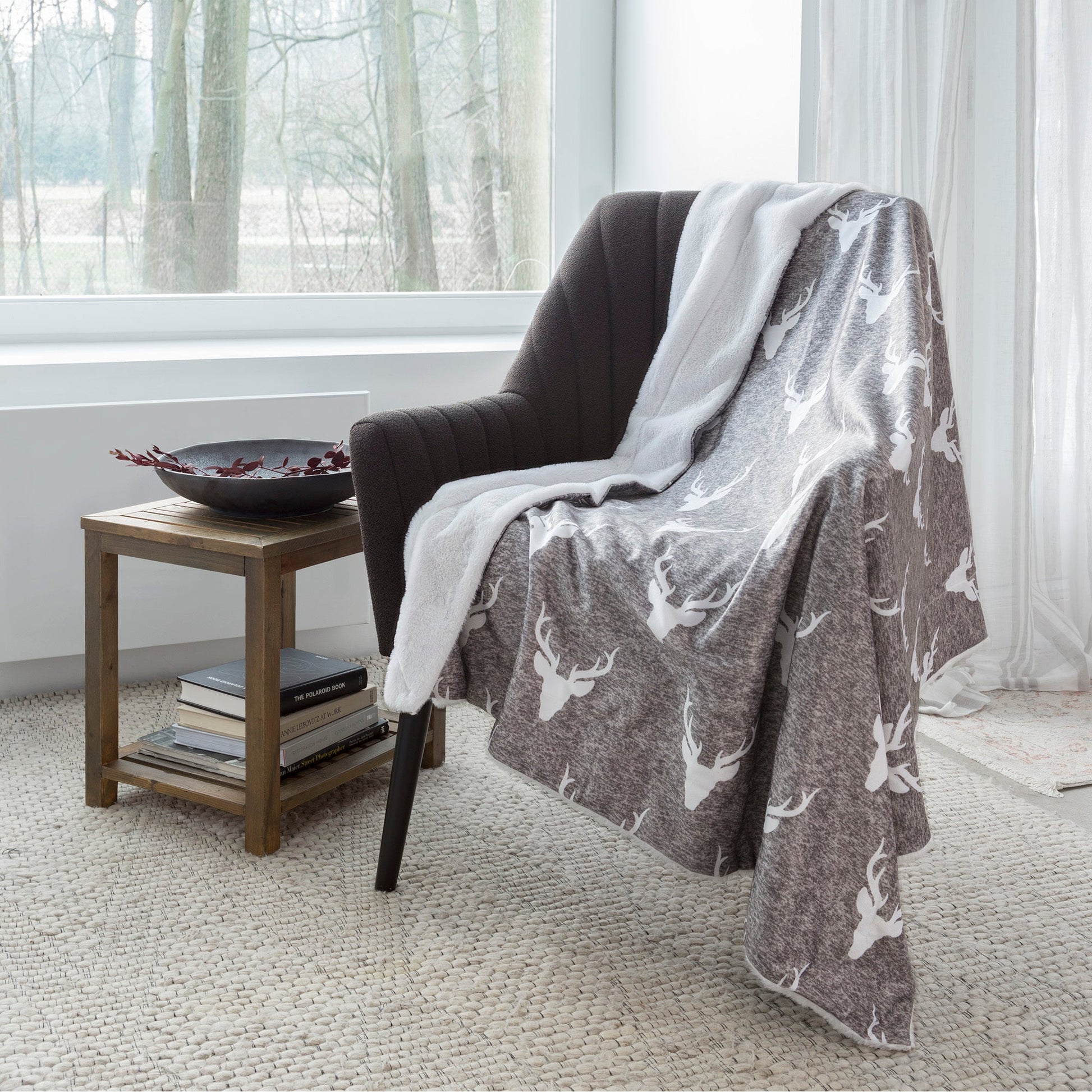 Super Soft Faux Fur Reversible Blanket Throw Sherpa Home Decor Bedding 48X60 Grey Heather Deer Shield