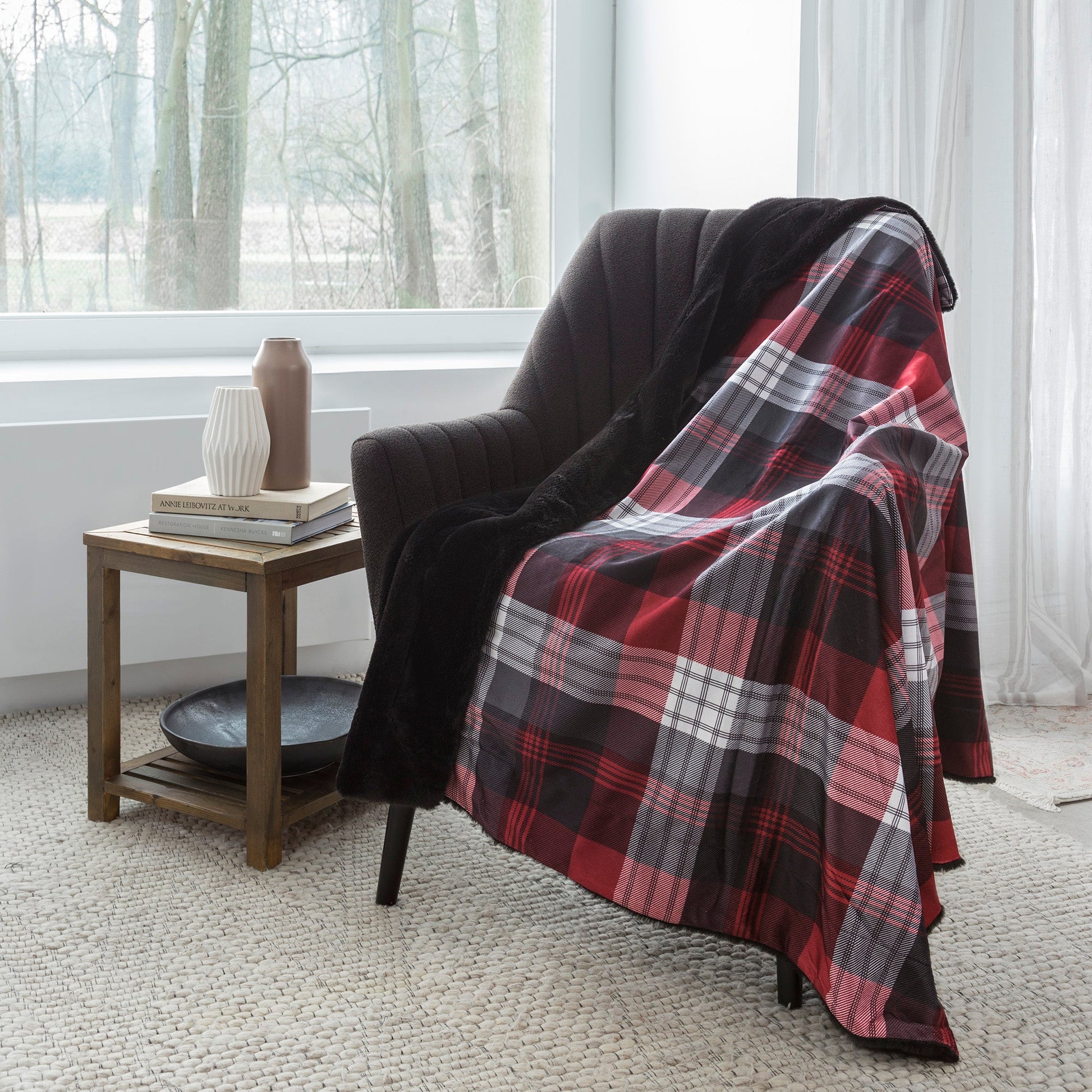 Super Soft Faux Fur Reversible Blanket Throw Sherpa Home Decor Bedding 48X60 Classic Red Plaid