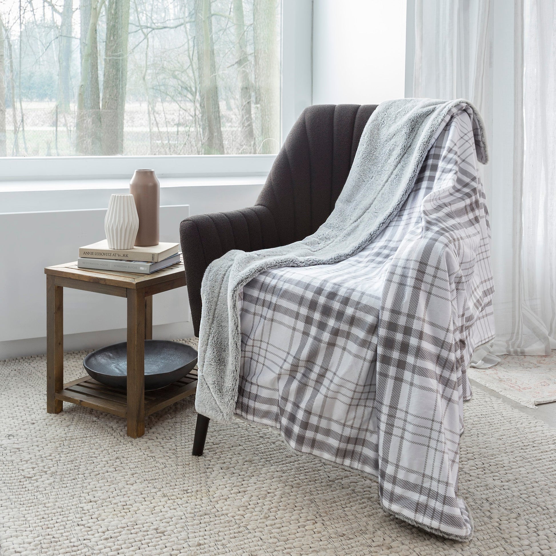 Super Soft Faux Fur Reversible Blanket Throw Sherpa Home Decor Bedding 48X60 Grey Plaid