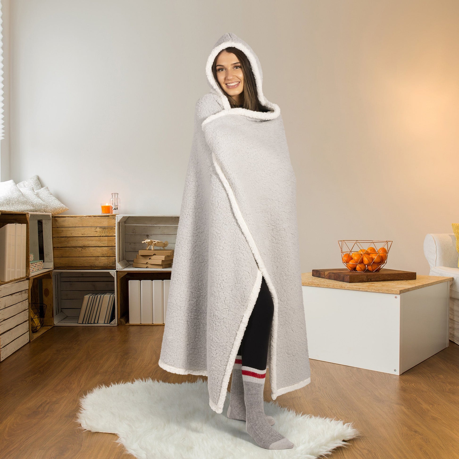 Super Soft Knit Reversible Hooded Sherpa Blanket Throw Home Decor Bedding 48X65 Light Grey