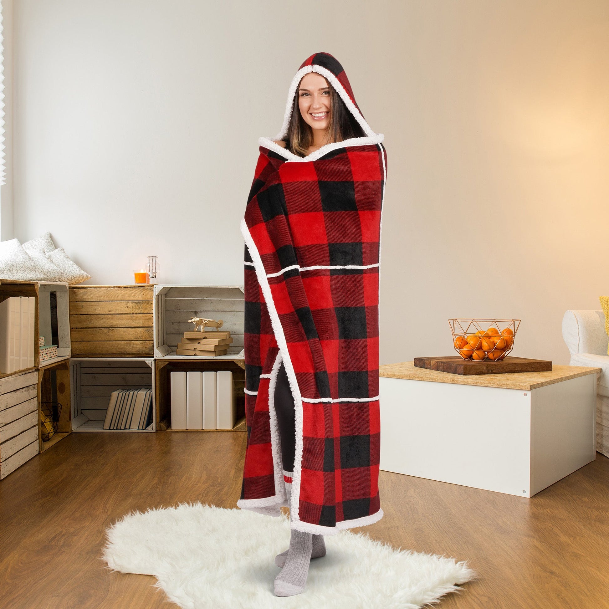 Super Soft Printed Flannel Hooded Blanket Throw Home Decor Bedding 48X65 Red Buffalo Plaid