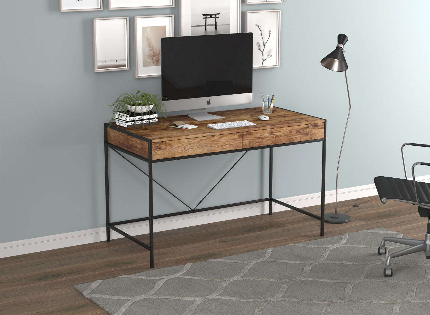 Computer Gaming Desk Brown Reclaimed Wood 2 Drawers Black Metal