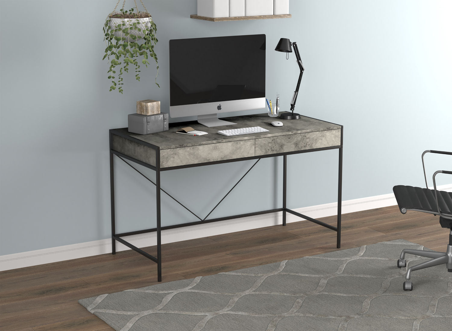 Computer Gaming Desk Grey Cement 2 Drawers Black Metal