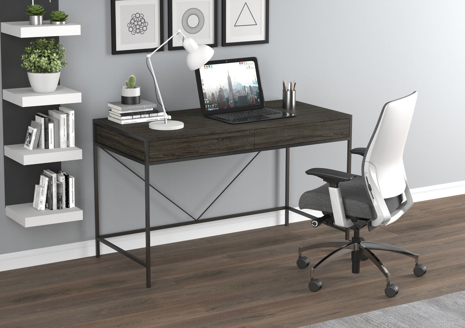 Computer Gaming Desk Grey Wood 2 Drawers Black Metal