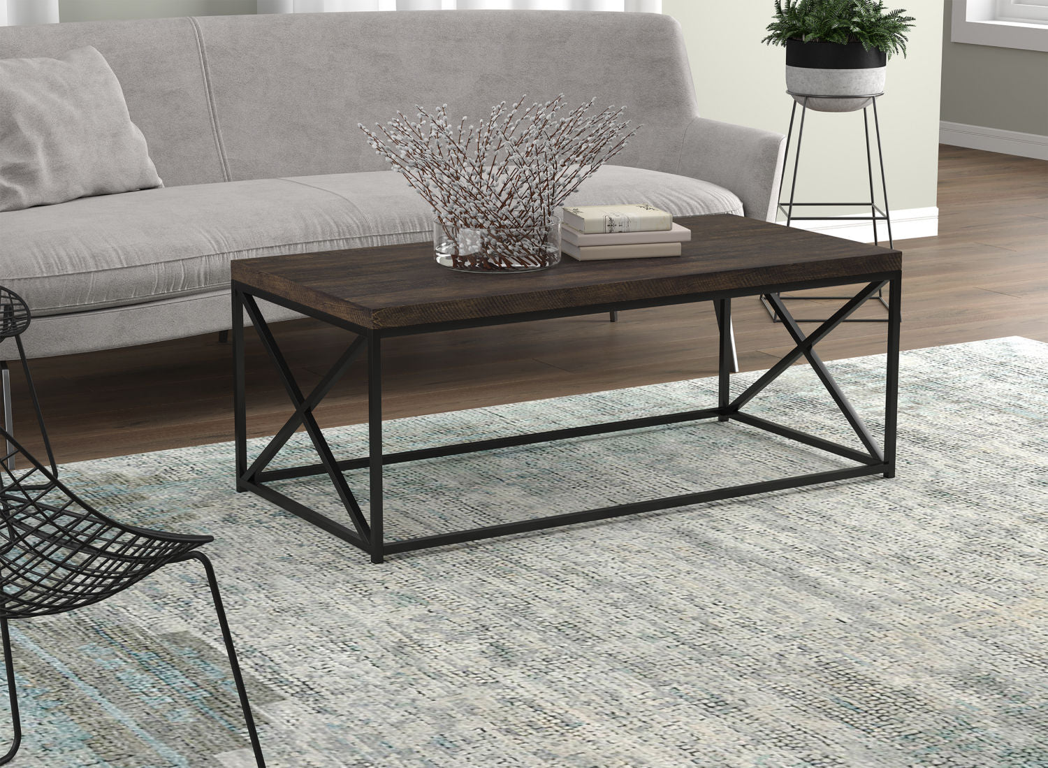 Coffee Table Dark Brown Reclaimed Wood Black Metal