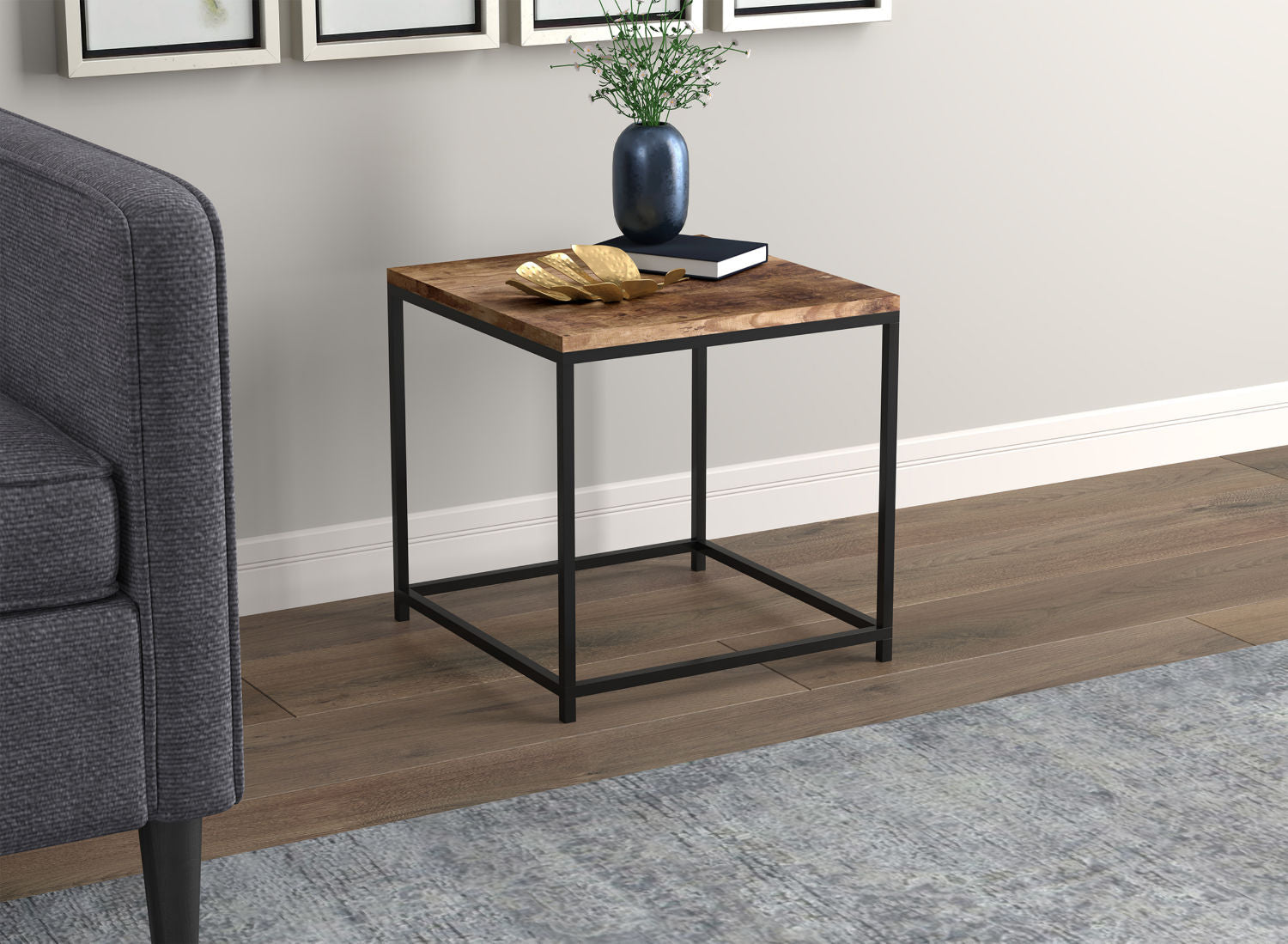 End Accent Table Square Brown Reclaimed Wood Black Metal