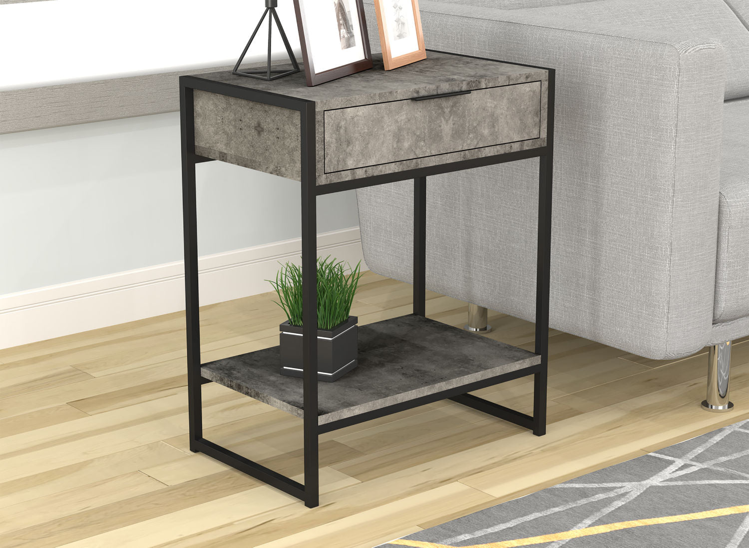 End Accent Table Grey Cement 1 Drawer 1 Shelf Black Metal