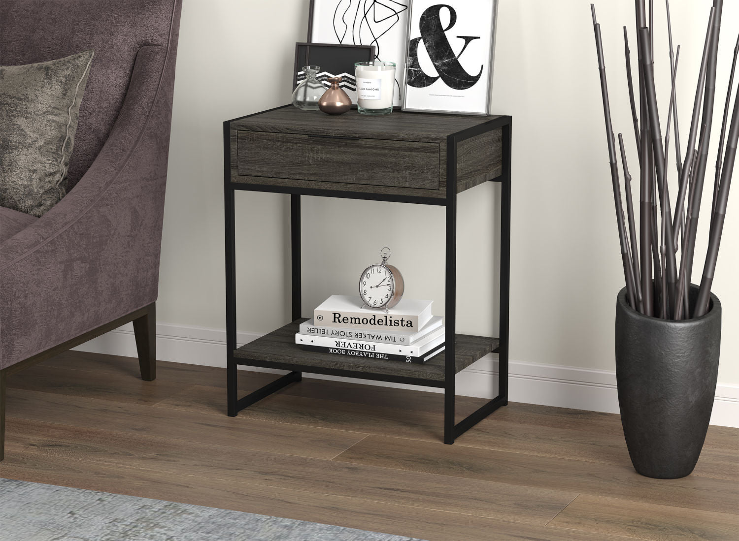 End Accent Table Dark Grey 1 Drawer 1 Shelf Black Metal