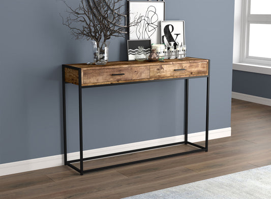 Console Sofa Table Brown Reclaimed Wood 2 Drawers Black Metal
