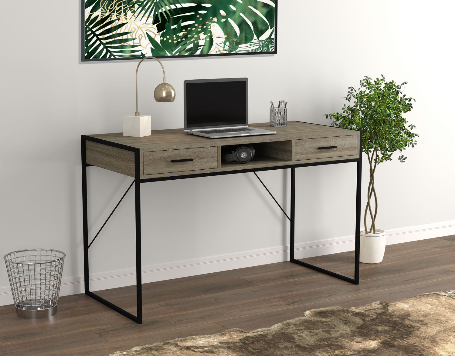 Computer Gaming Desk Dark Taupe 2 Drawers 1 Shelf Black Metal