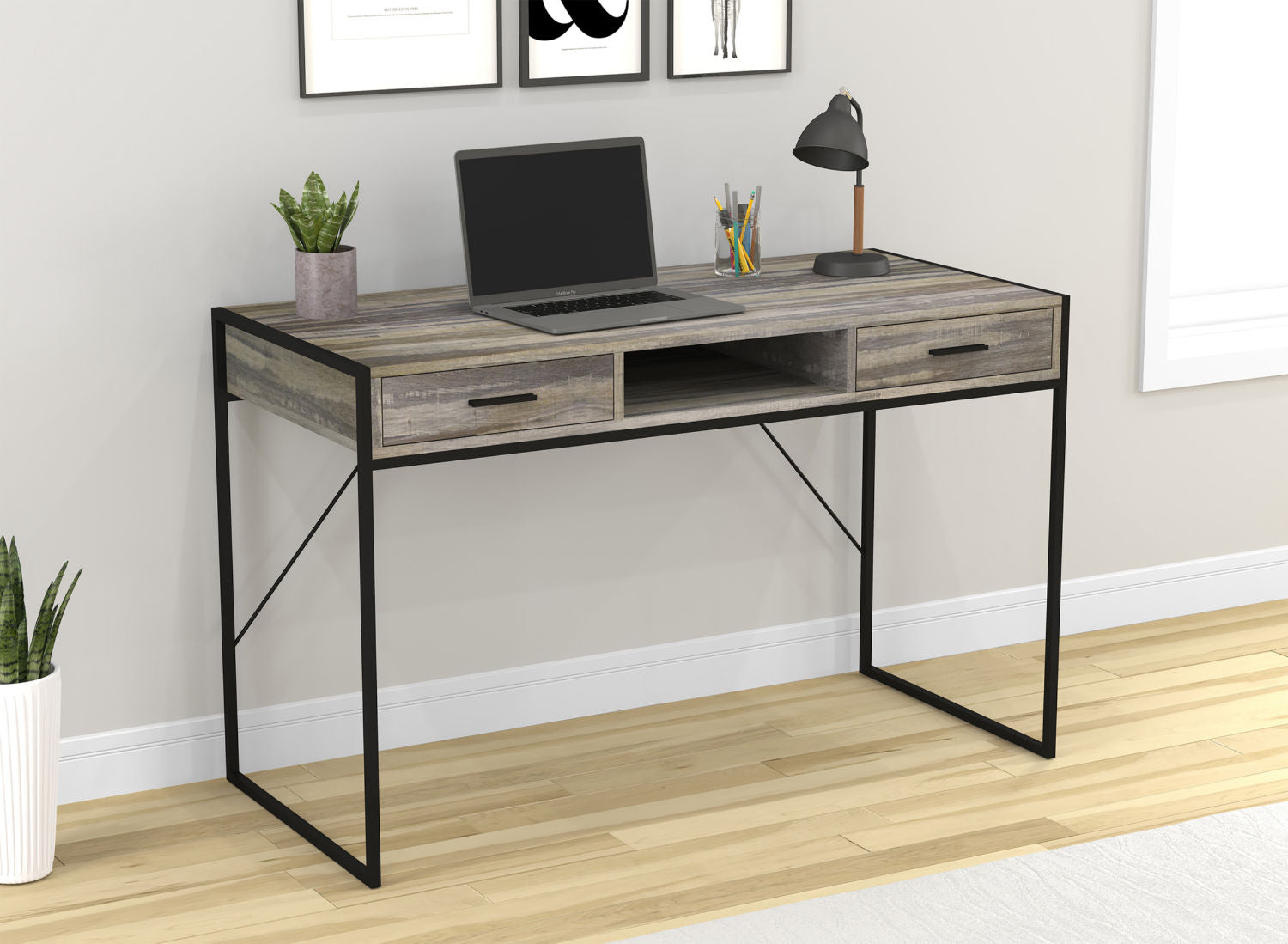 Computer Gaming Desk Distressed Wood 2 Drawers 1 Shelf Black Metal