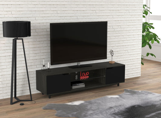 Tv Stand Dark Grey Wood 2 Shelves 2 Black Doors