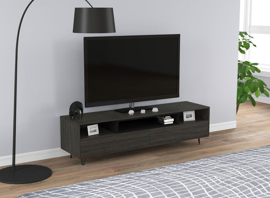 Tv Stand Dark Grey Wood 2 Drawers 3 Shelves