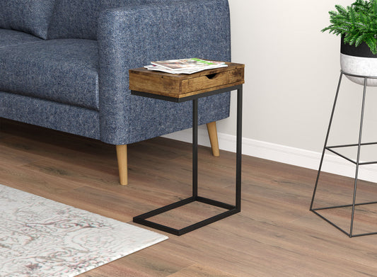 End Accent Table C-Shaped Brown Reclaimed Wood 1 Drawer Black Metal