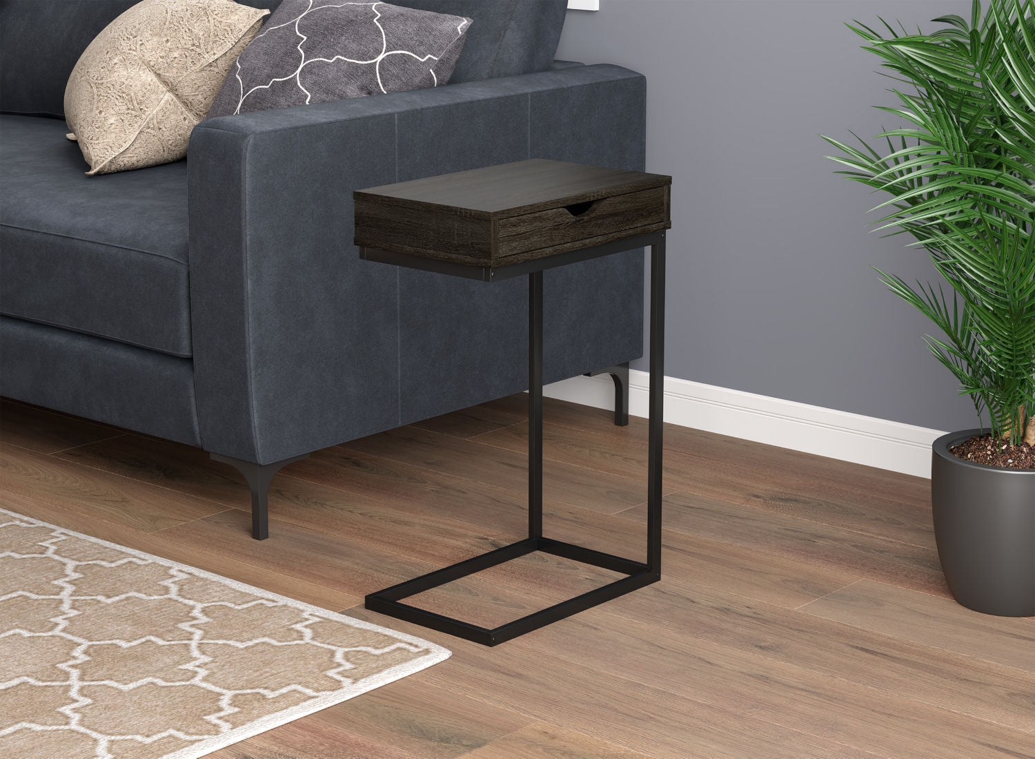 End Accent Table C-Shaped Dark Grey Wood 1 Drawer Black Metal