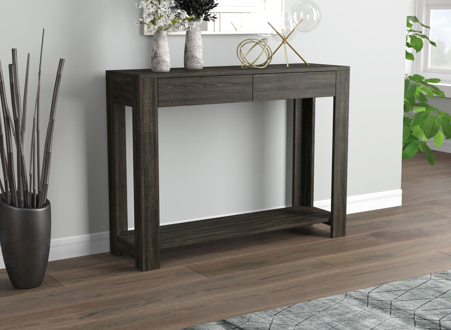 Console Sofa Table Dark Grey Wood 2 Drawers 1 Shelf