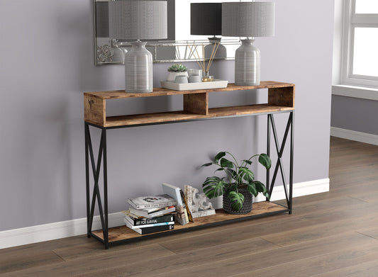 Console Sofa Table Brown Reclaimed Wood 2 Open Shelves Black Metal