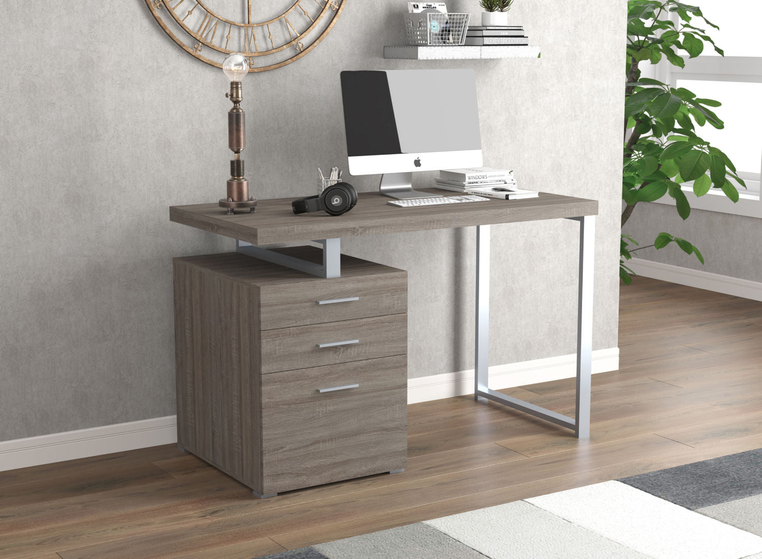 Computer Gaming Desk Dark Taupe 3 Drawers Silver Metal