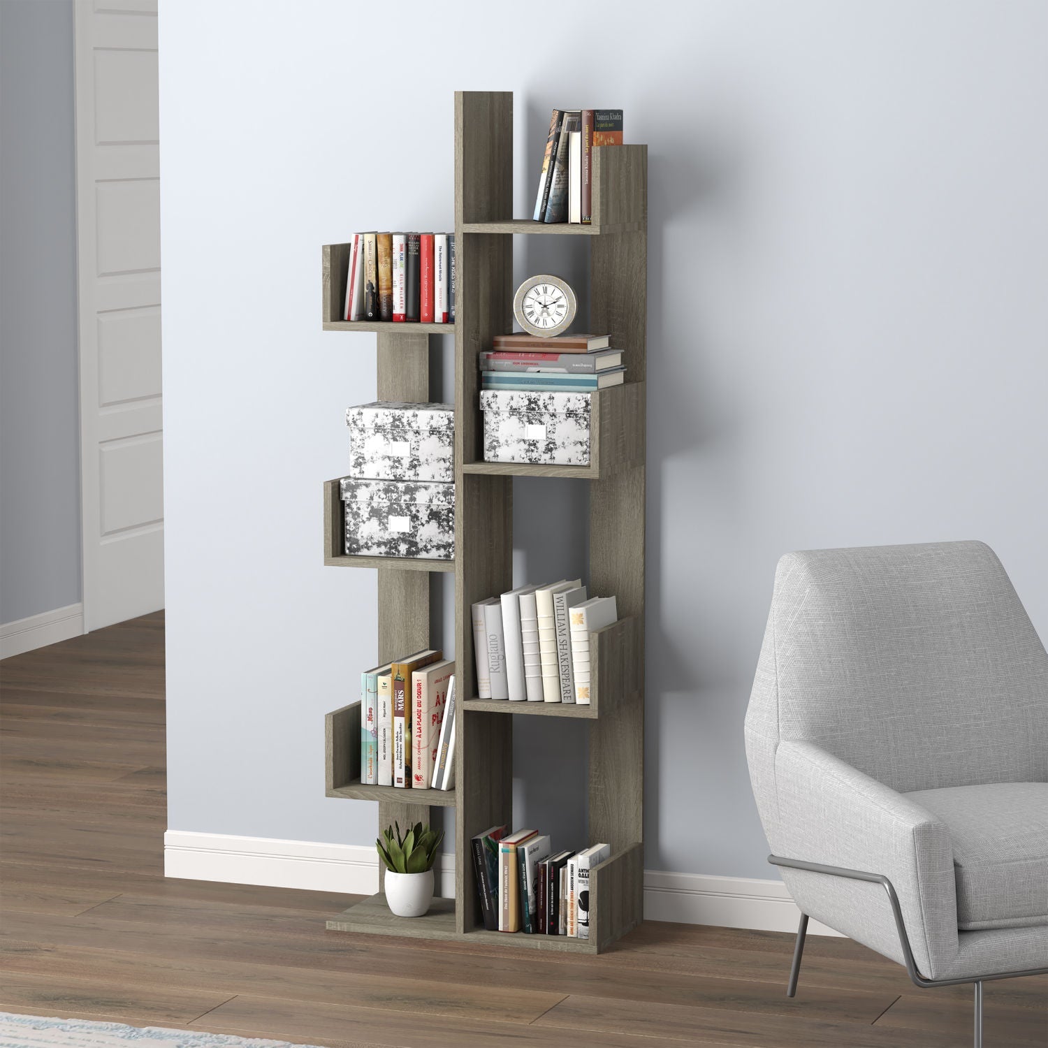 Wall Shelf Dark Taupe 8 Staggered Shelves Concept