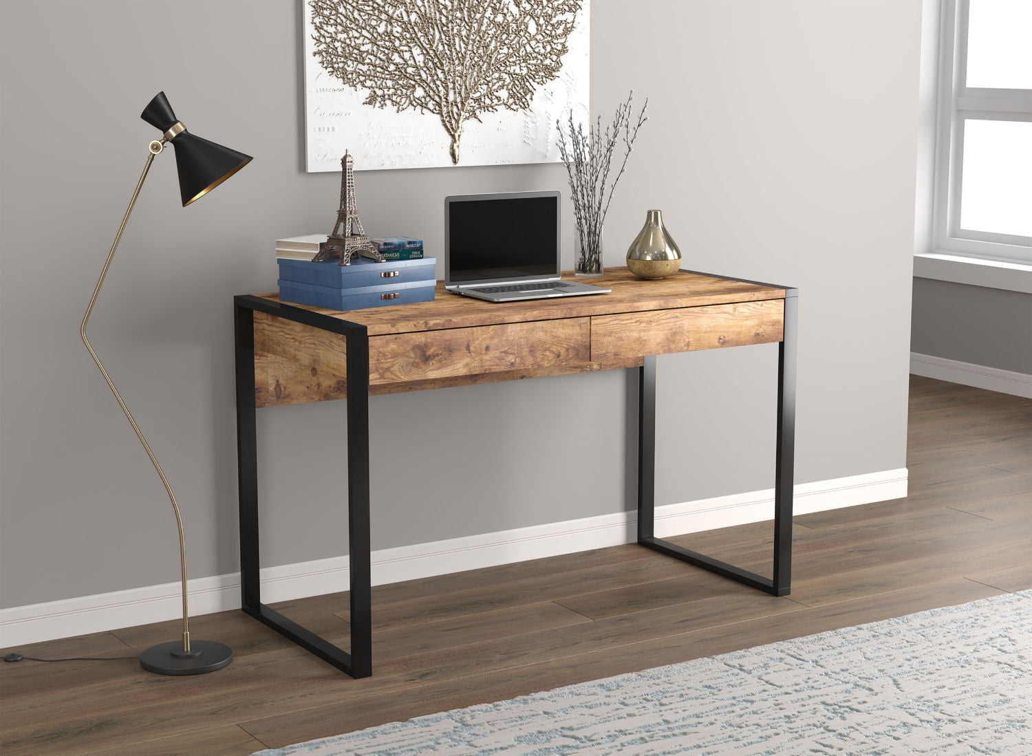 Computer Gaming Desk Brown Reclaimed Wood 2 Drawers Black Metal