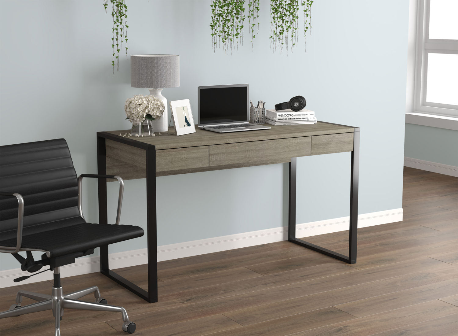 Computer Gaming Desk Dark Taupe 3 Drawers Black Metal