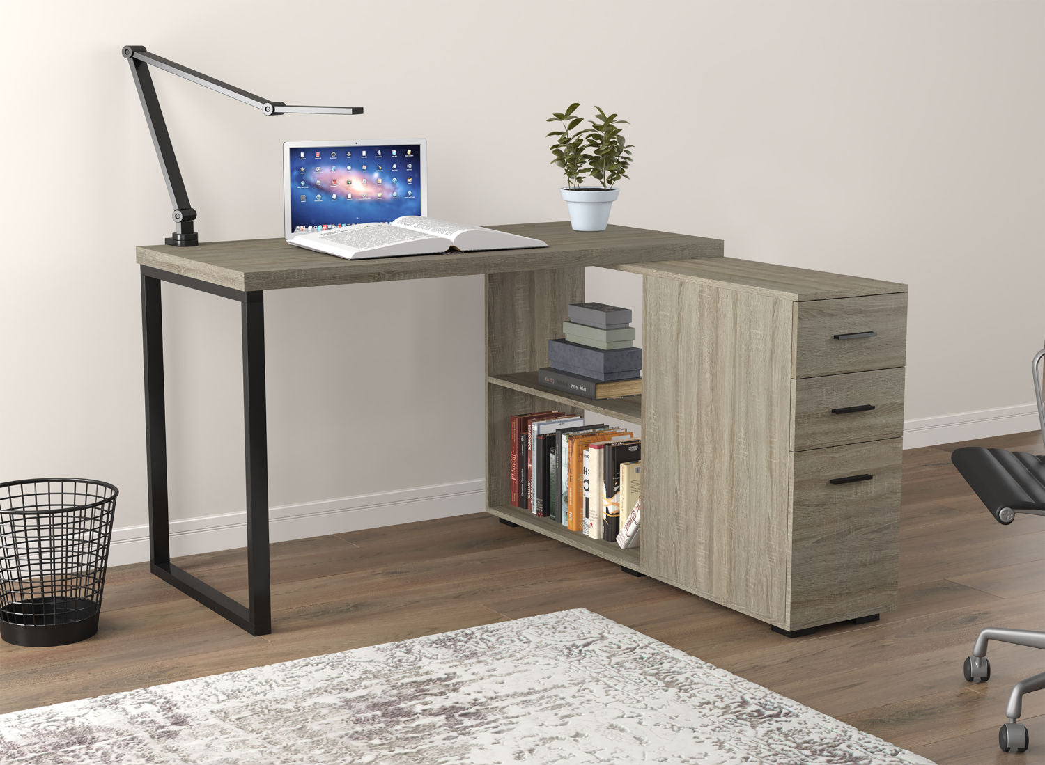 Computer Gaming Desk Dark Taupe L-Shaped 2 Shelves 3 Drawers Black Metal