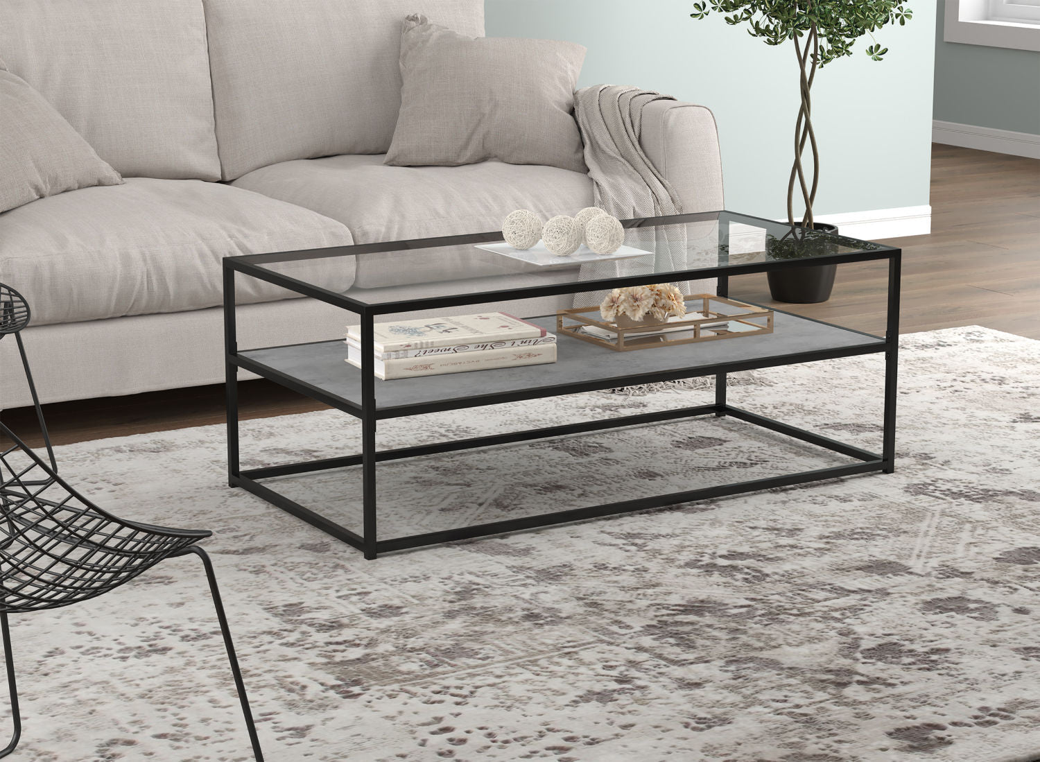 Coffee Table Dark Cement 1 Shelf Glass Top Black Metal