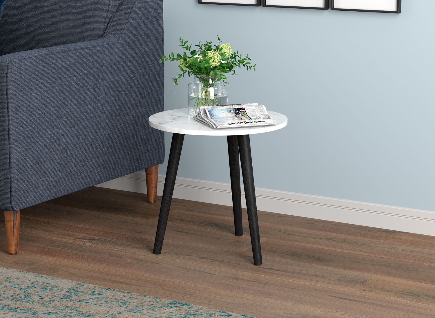 End Accent Table Round Marble Black Wood Base