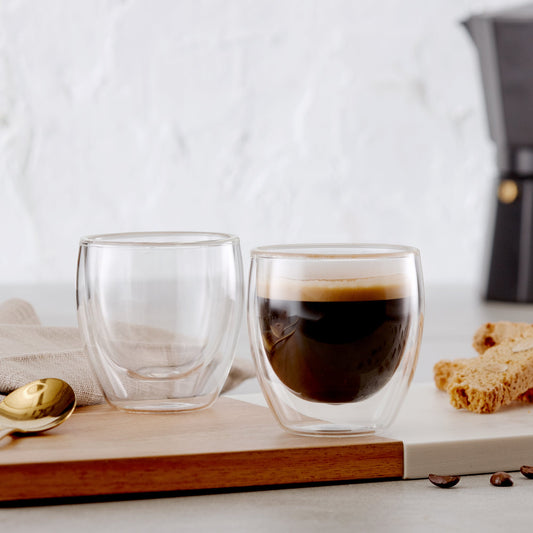 Espresso Insulated Double-Wall Glass Coffee Tea Hot or Cold Beverage Mug 2 Piece Set 95ml, Barista